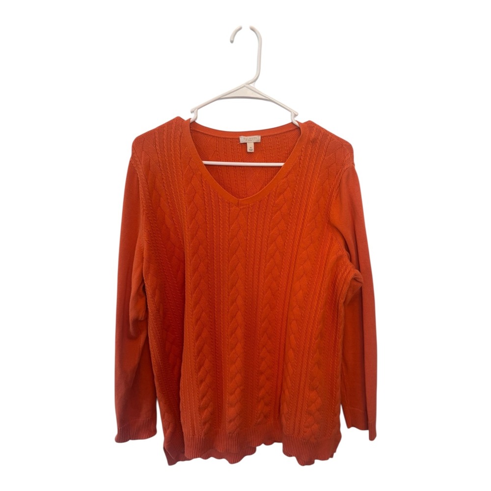 Talbots 1X V-Neck 100% Cotton Cable Knit Sweater Plus Orange Casual Cozy Preppy